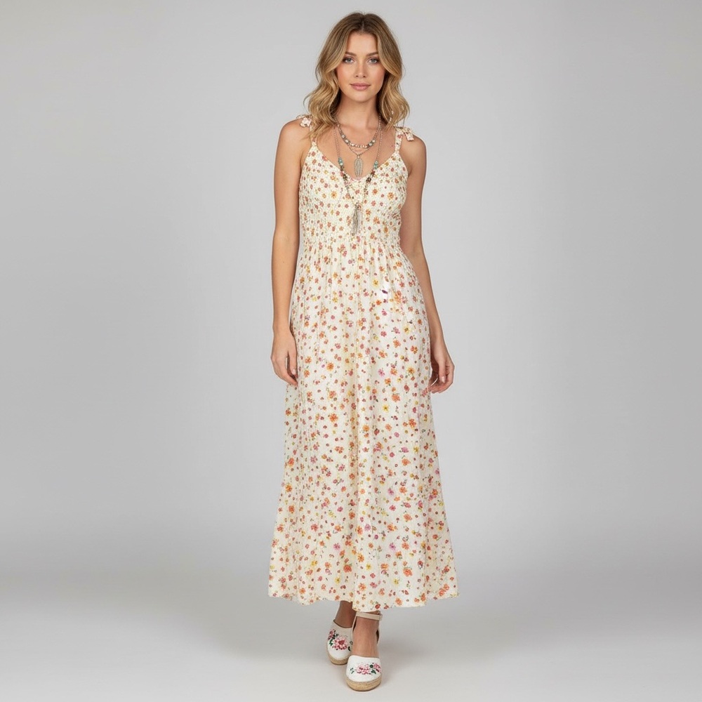 Bailey Blue Butter Yellow Floral Maxi Dress with Tie Straps. Boho retro S